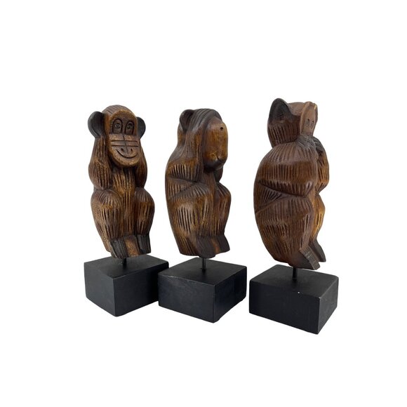 HD Wise Monkeys, 11” on Base Carved Wood Hear No Evil See No Evil Speak No Evil - Picture 8 of 12